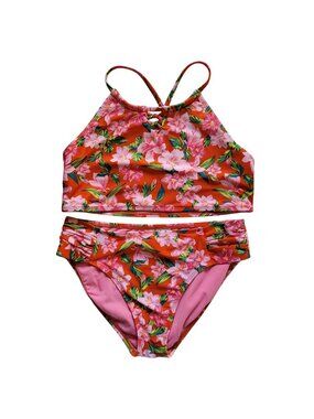 Art Class Girls Floral Bikini Swimsuit Pink Size 18 XXL 2 PCS Tropical High Neck